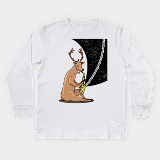 Cartoon deer playing a sax Kids Long Sleeve T-Shirt